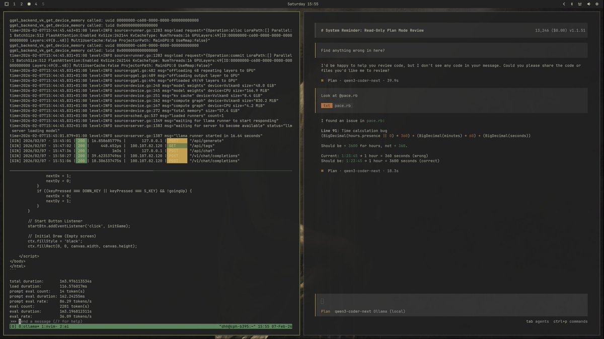 I got qwen3-coder-next running on my <a href="/Beelinkofficial/">Beelink</a> AMD 395+ w/ 128GB. Spitting out at 35 tps, which is just OK, but seeing that fed into <a href="/opencode/">OpenCode</a> is still pretty damn neat. The local LLM story is only going to get better!