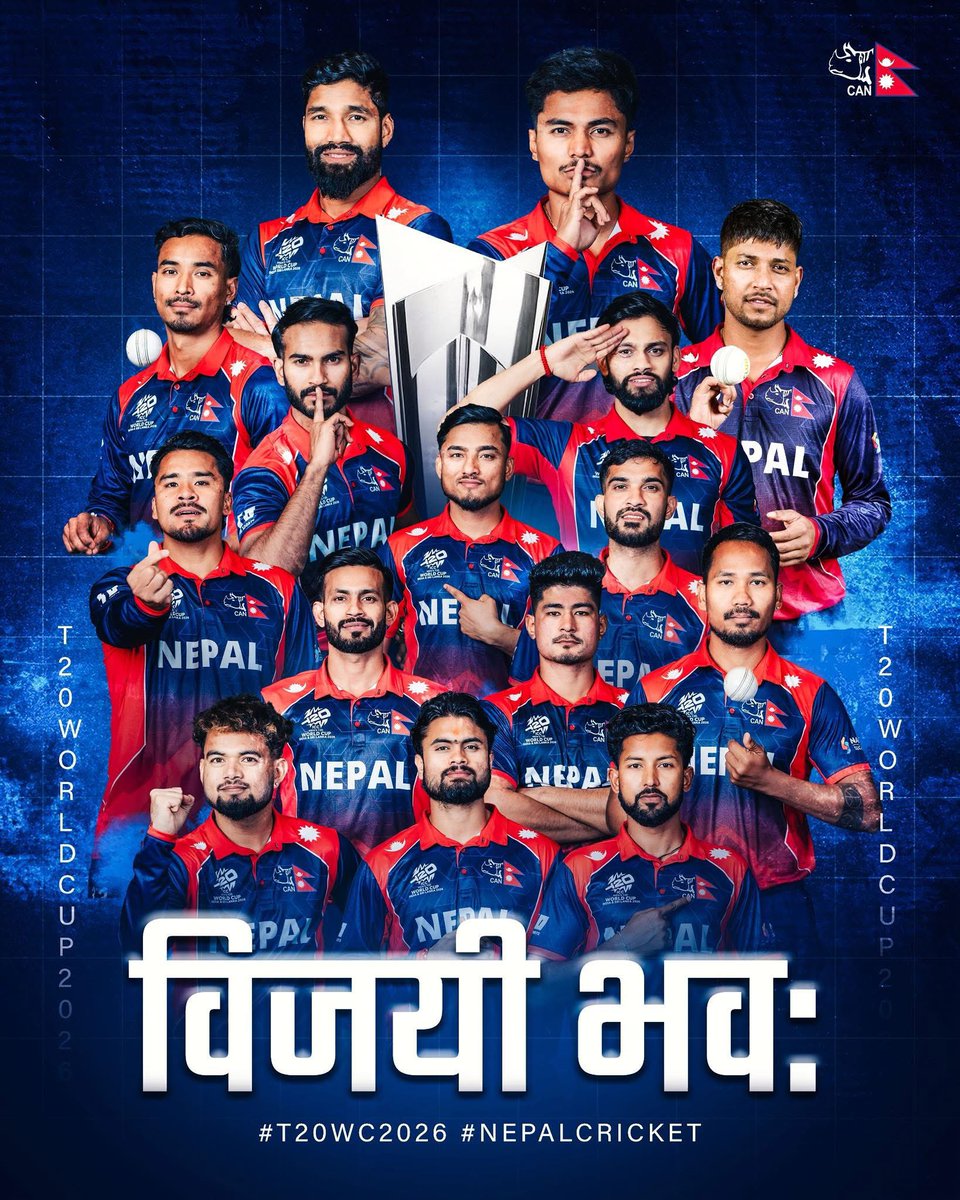 हामी तयार छौं,are you ready ?
रातो र चन्द्र सूर्य, 🇳🇵हामी अघि बढ्नेछौं |

Backing our boys all the way,
Let’s go Nepal.

<a href="/CricketNep/">CAN</a> <a href="/ICC/">ICC</a> <a href="/cricketworldcup/">ICC Cricket World Cup</a> 

#NepalCricket #T20WorldCup2026 #rhinos