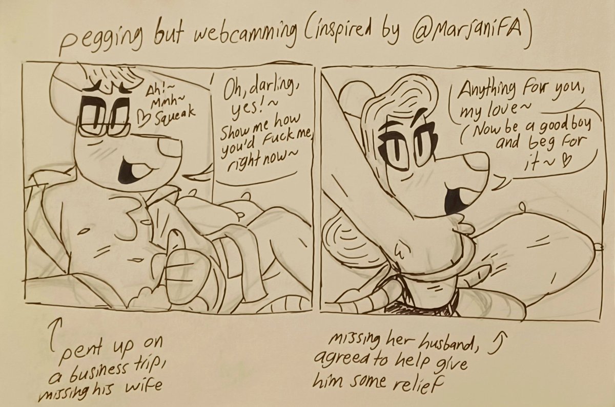 Pegging- but webcamming! (Video calling? Zoom meeting? Whatever)

When you're all alone on a business trip, y'all gotta find a way 😉

Inspired by this template from one of the GOATs of furry pegging art and just inserted my ocs into it because this little comic was on my mind