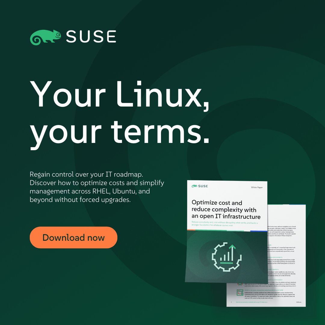 SUSE's tweet photo. ⚡ Is IT complexity slowing your team down?

Rising costs + fragmented tools = friction your business doesn’t need.

📄 This white paper shows how an open IT infrastructure helps you stay flexible while keeping complexity and costs under control.

https://t.co/BVf8M6dUF8 📩

#SUSE #OpenSource #DigitalTransformation
