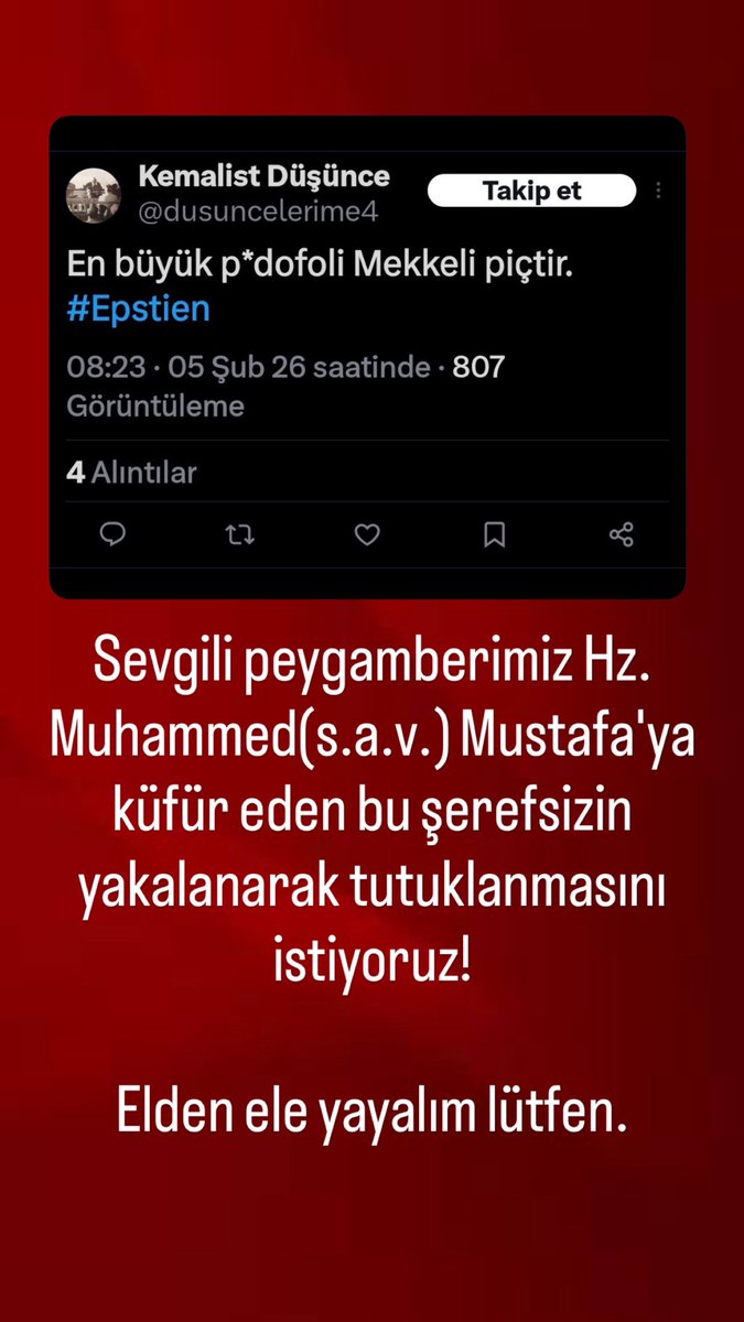 Sevgili peygamberimiz Hz. Muhammed(s.a.v.) Mustafa'ya küfür eden bu #Piç yakalanarak tutuklanmadı mı halaaa 
<a href="/dusuncelerime4/">Kemalist Düşünce</a> 

Elden ele yayalım lütfen.