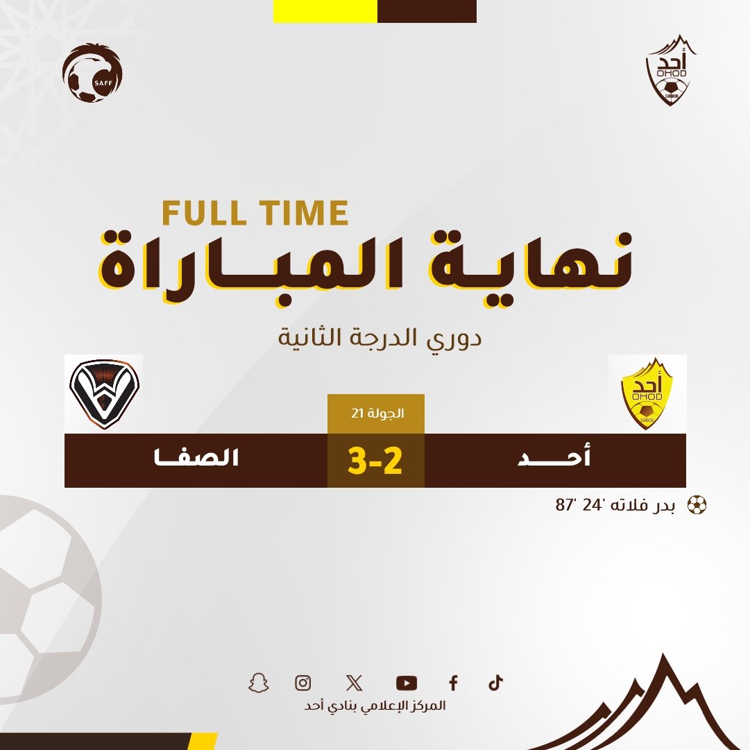 OHOD1936's tweet photo. 🔚| نهاية المباراة

أحد 2 🆚 الصفا 3

⚽ بدر فلاته '24
⚽ بدر فلاته '87

#دوري_الدرجة_الثانية https://t.co/aI4xqfzx3Z
