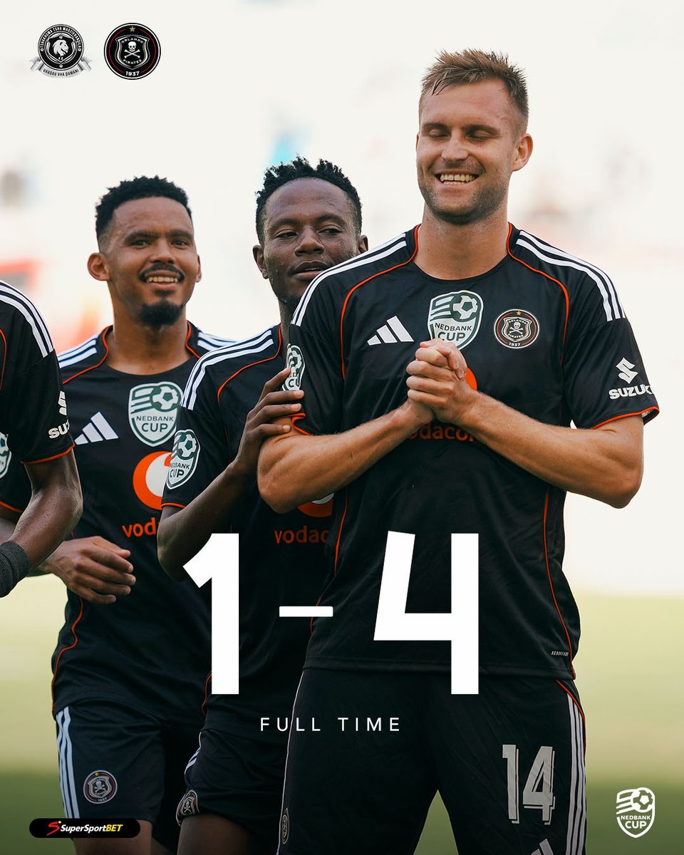 ☠️ FT | <a href="/ttmfc_original/">Tshakhuma Tsha Madzivhandila Football Club</a> 1 - 4 <a href="/orlandopirates/">Orlando Pirates</a> 

🥅 De Jong (P) 10, Mbatha 17', Maswanganyi 50, Mbule 90'

⚫⚪🔴⭐ 
#MatchDay
#NedbankCup
#OrlandoPirates 
#OnceAlways
