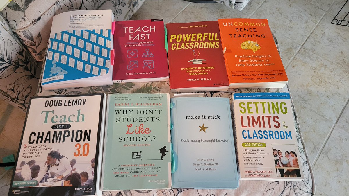 nodramateacher's tweet photo. Current reading list/suggestions. I'm either re-reading or reading. Willingham's Why Don't Students Like School might be the most important. It's like a gatekeeper of thought, setting you on the path to the others. Powerful Classrooms/Teaching may share that role. https://t.co/VziMY0QGDR
