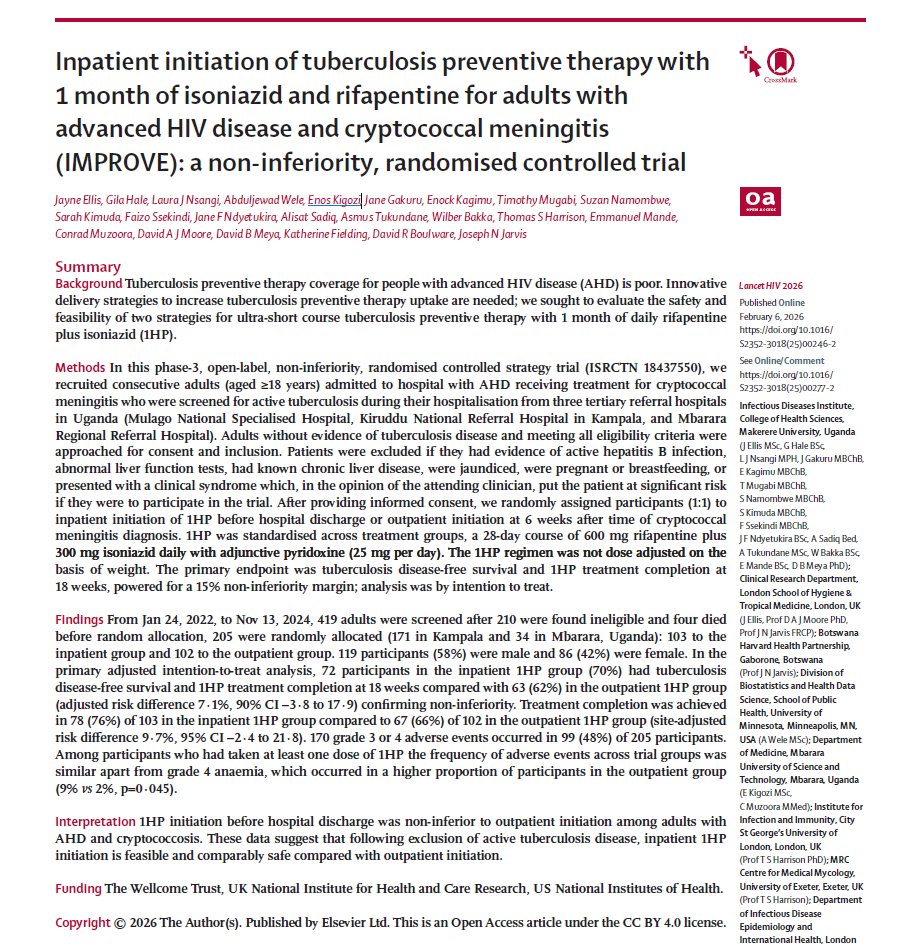 Our recent publication in <a href="/TheLancetHIV/">The Lancet HIV</a> shows that following exclusion of active tuberculosis disease, inpatient 1HP initiation for TB preventive therapy is feasible and comparably safe compared with outpatient initiation among AHD patients with CM. 

🔗sciencedirect.com/science/articl…