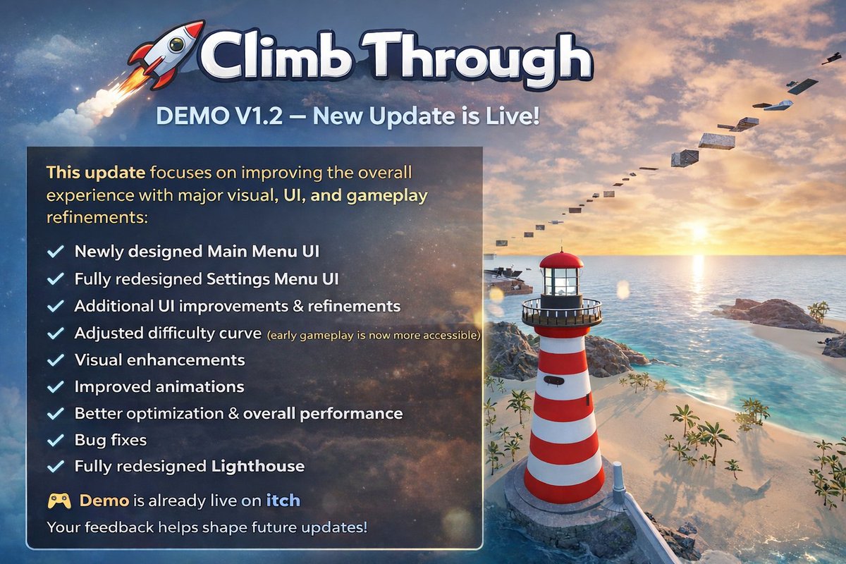X1_Interactive's tweet photo. 📌New Update📌  
Climb Through DEMO V1.2 is live on itch.   
Here are the major changes and fixes   
Let us know what you think👀
https://t.co/7iMhftVwrP page - https://t.co/5uFo8mmRhd
 #game #gamedevs #gamedevelopment #indiegame #UnrealEngine5 #gaming #ragegame https://t.co/a7hby4dICm