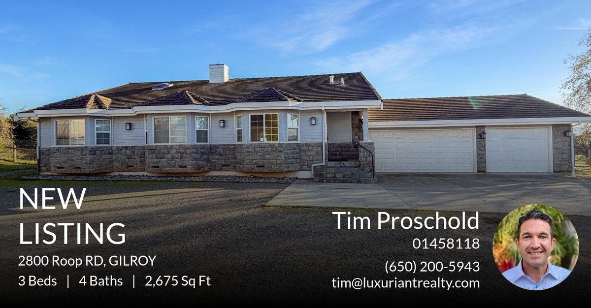 TimProschold's tweet image. 📍 New Listing 📍 Take a look at this fantastic new property that just hit the market located at 2800 Roop Rd in Gilroy. Reach out here or at (650) 200-5943 for more information

DRE#01458118 homeforsale.at/2800_ROOP_RD_k…