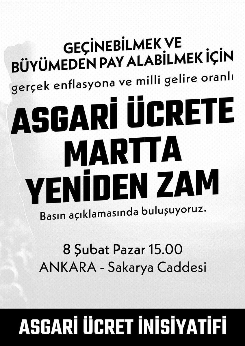 DEMankara's tweet image. ⏩ Asgari ücrete Mart’ta yeniden zam!

Geçinebilmek ve büyümeden pay alabilmek için, asgari ücrete zam mücadelemiz bitmedi.   Sefalet ücretine “hayır” demek için basın açıklamasında buluşmaya çağırıyoruz.

🗓️8 Şubat Pazar
⏰Saat:15:00
📢Sakarya Caddesi