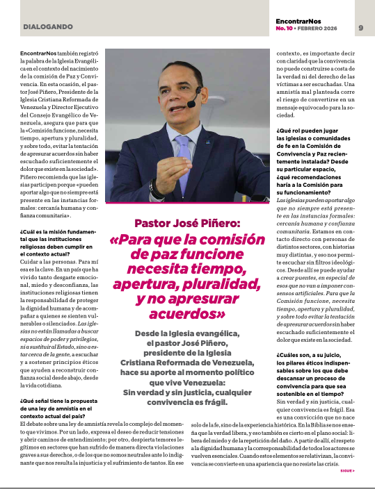Dice el pastor evangélico José Piñero, pte. de la <a href="/IReformadaenVe/">IglesiaReformadaenVenezuela</a>: para que la "Comisión de paz funcione, necesita tiempo, apertura y pluralidad, evitar la tentación de apresurar acuerdos" sin antes escuchar el dolor de la sociedad. Más en #EncontrarNos👉drive.google.com/file/d/1Dc4vQX…