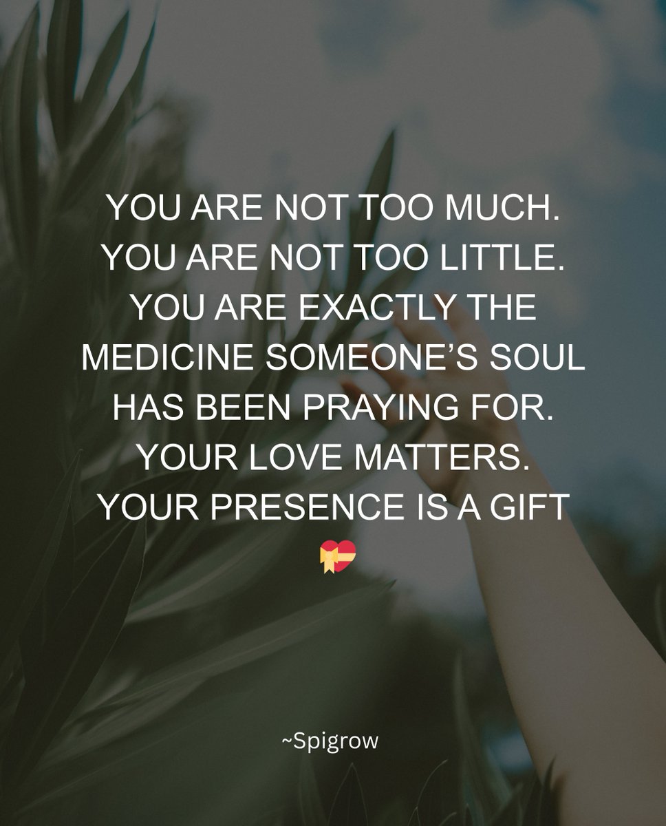 Spigrow111's tweet photo. You are not too much. You are not too little. You are exactly the medicine someone's soul has been praying for. Your love matters. Your presence is a gift. 💝
#LoveIsHealing #YouMatter #Spigrow #SoulConnection https://t.co/OXrlXKXiob