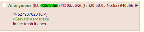 Stavatti made it on to 4chan today with the astroturfed news surrounding their SM-39.  X won't let me post the 4chan URL, but the comments in the 4chan thread do not disappoint.

<a href="/StevenCambian/">Steven Cambian</a> <a href="/thehiddenpod/">Hidden In Plain Sight</a> <a href="/MacarioMend/">Macario</a>