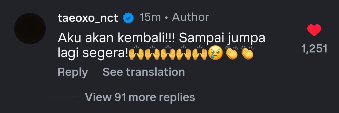 taeyongpictures's tweet image. taeyong left a comment under his post

"Aku akan kembali!!! Sampai jumpa lagi segera!🙌🙌🙌🙌🙌😢👏👏"