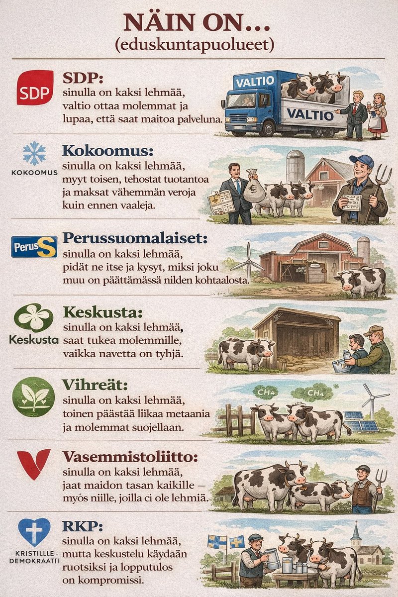 Suomen puoluekartta ”lehmävertauksin”.

Meneekö oikein?
