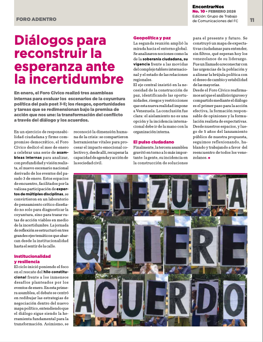 Este mes, el <a href="/ForoCivicoVzla/">Foro Cívico</a> celebró tres asambleas para evaluar la coyuntura post 3-E; los riesgos, oportunidades y tareas que se redimensionan bajo la premisa de transformación del conflicto a través del diálogo y los acuerdos. Más en #EncontrarNos👉drive.google.com/file/d/1Dc4vQX…