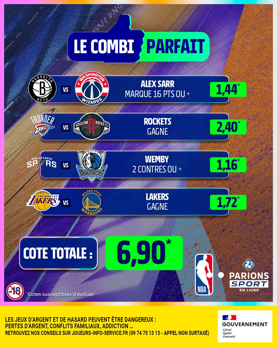 🤩 Votre #CombiParfait spécial NBA est là !

🤔 Ça fait 3/4 ? 👉 5x20€ de freebet
🤔 Ça fait 4/4 ? 👉 10x20€ de freebet

Pour jouer : 
🤝 RT + Follow

🗓️ TAS le 08/02
📃 Règlement : bit.ly/45Ljuky
