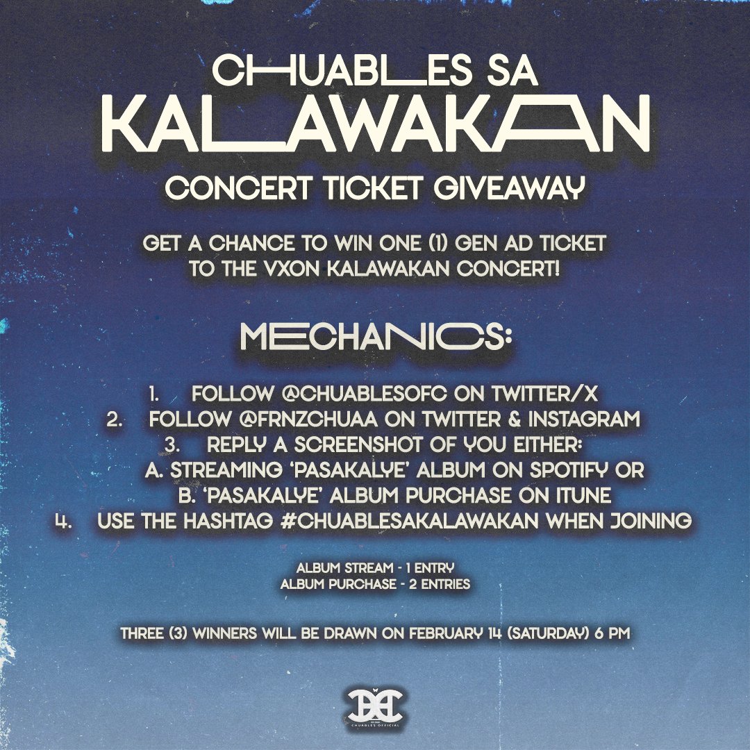 chuablesofc's tweet image. [🚨] #CHUABLESAKALAWAKAN 🚀 🌌

📣 Get a chance to win one (1) Gen Ad ticket to the #VXONKalawakan Concert! ✨

MECHANICS:
1. Follow us on Twitter/X
2. Follow @frnzchuaa on Twitter/X and IG
3. Reply with a screenshot of either Spotify stream or iTunes purchase