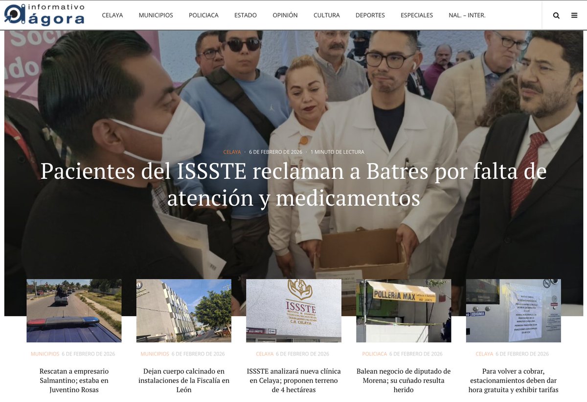 07febrero26 #DestacadasDelDía
#Guanajuato
👀 PORTADA: agoragto.com

✅ #Celaya  Pacientes del ISSSTE reclaman a Batres por falta de atención y medicamentos 
Leer más ➡️ agoragto.com/celaya/pacient… 
.
✅ #León Dejan cuerpo calcinado en instalaciones de la Fiscalía  Leer más