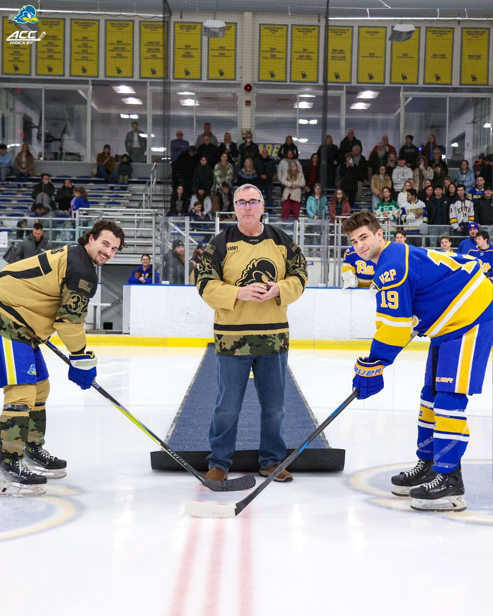 UDHockey's tweet photo. Before last nightโs 6-3 win, the Hens welcomed the core of the UD family to center ice. Joe Murphy spent the last 8 years as the Hens bus driver & served in the US army for 45 years. Although he is now retired, he will forever be a beloved member of our family.๐๐#UDMIH https://t.co/lmUdXVYNvo