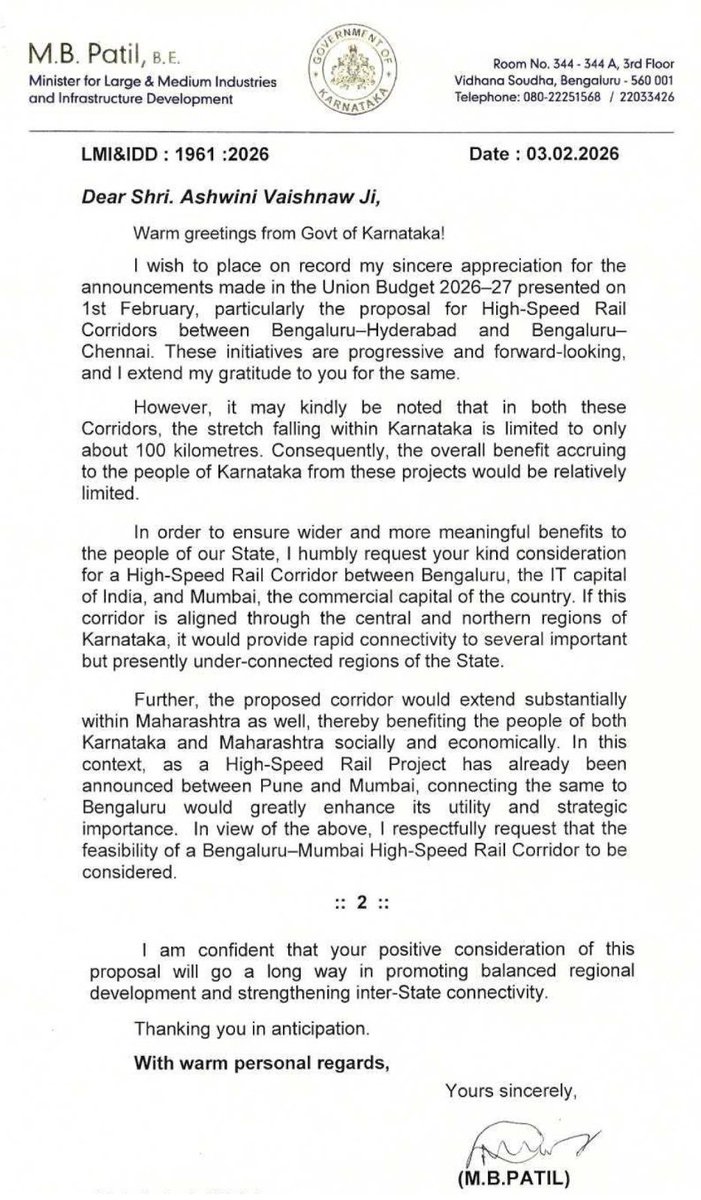 <a href="/MBPatil/">M B Patil</a> sir, as a minister who represents the whole of Karnataka, you should have also questioned the rationale behind dropping Mysuru’s name from the Bengaluru - Chennai High Speed Rail corridor. Doesn’t the second most biggest &amp; developed city of this state count as a part of