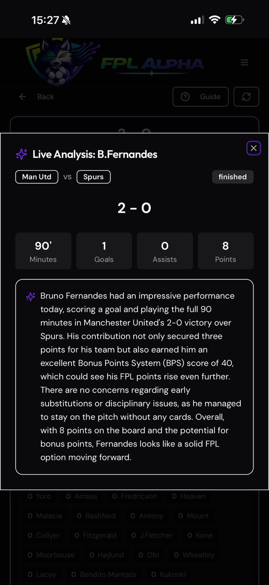 Man Utd 2–0 Spurs ✅
Bruno Fernandes does it AGAIN.

Goal. 90 mins. 8 points (and likely bonus) 📈
Quietly one of the most reliable FPL picks right now.

If you keep ignoring Bruno… that’s on you 😮‍💨🔥
#FPL #MUFC #FPLAlpha