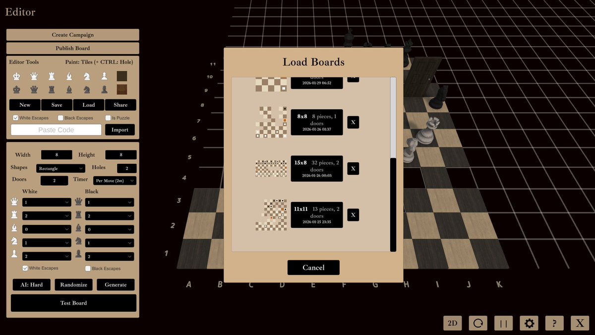 ChesscapeRoom's tweet photo. Chesscape Room 1.12.12 is out which introduces the campaign creator with publishing for both single boards and full campaigns. These may be wiped before full release. 

Looking forward to seeing what people come up with. :)

#chess #gamedev #indiedev #screenshotsaturday https://t.co/ChE6FdpxAz