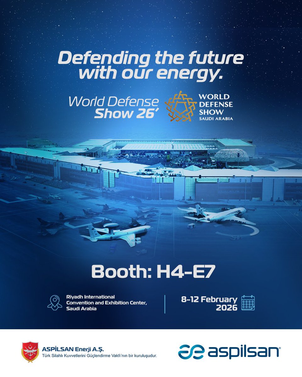 Excited to represent ASPİLSAN Enerji at World Defense Show 2026 in Riyadh. ⚡

Showcasing our latest battery and energy storage innovations for critical defense applications.

📅 8–12 Feb 2026 | 📍 Riyadh
📌 Booth H4–E7

#AspilsanEnerji #WDS2026 #DefenseTechnology #EnergyStorage