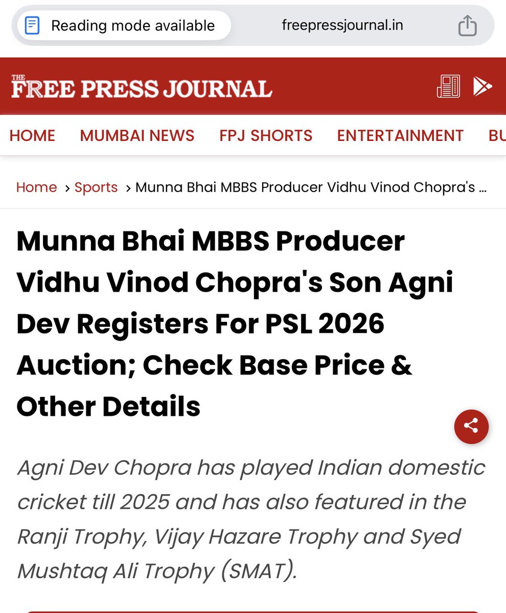 Now you know why Vidhu Vinod whitewashes Pakistani terrorism &amp; why Anupama simps for Pakistan? Their son - AGNI DEV CHOPRA has registered for Pakistan Super League cricket as an American citizen. Hubby &amp; wife should not be allowed to earn or talk in India
freepressjournal.in/sports/munna-b…