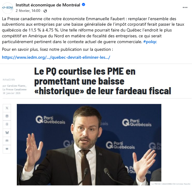 « Une telle baisse ferait du Québec l’endroit offrant le taux d’imposition sur les sociétés le plus faible en Amérique du Nord. »