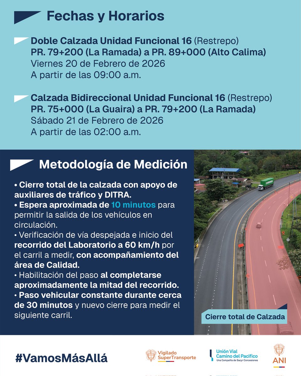 📢 ¡Atención! Jornadas de medición técnica en la vía Buenaventura - Buga.
​Del 17 al 21 de febrero realizaremos pruebas de calidad en el pavimento.

​⚠️ Impacto vial: Habrá cierres totales de calzada con aperturas intermitentes cada 30 minutos.