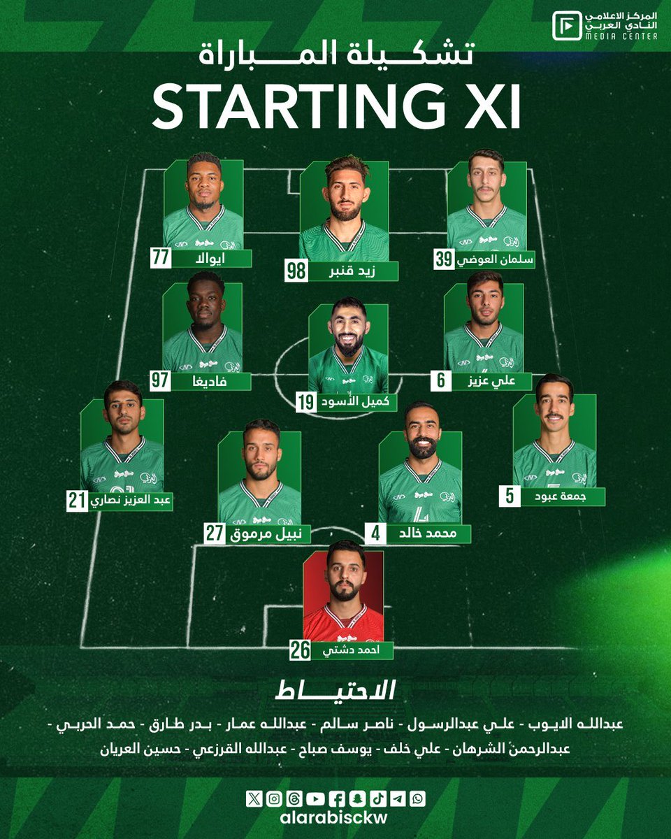 📋 تشكيلة النادي العربي والغيابات عن مواجهة نادي كاظمة في دوري زين الممتاز