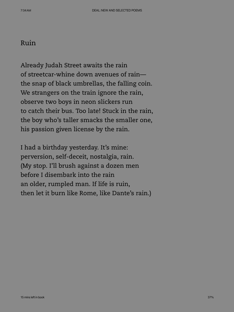 cjsarett's tweet image. Randall Mann @randallmannpoet “Ruin”

Already Judah Street awaits the rain
of streetcar-whine down down avenues of rain—

[from DEAL: New and Selected Poems]