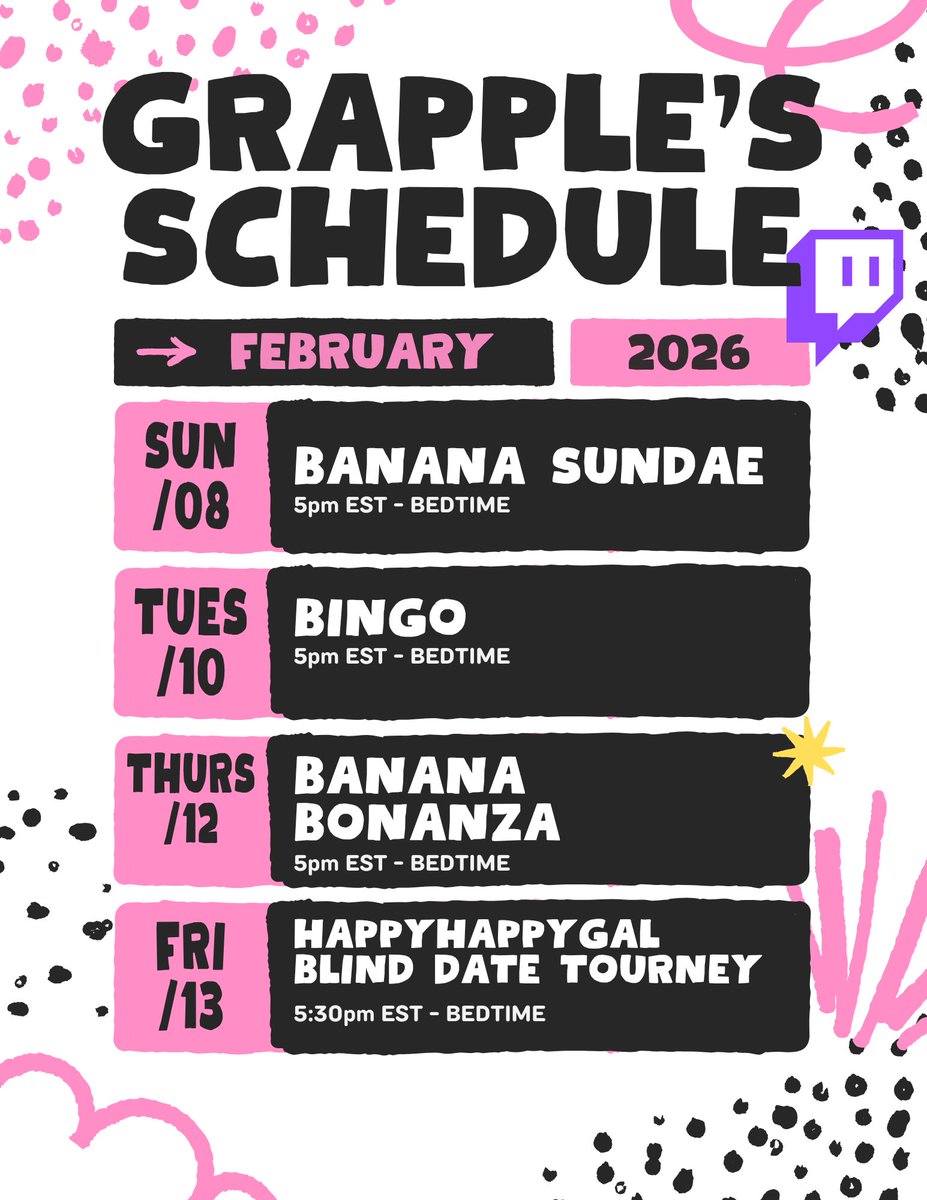 Incoming stream schedule. 🔥 Will be streaming tomorrow even though it’s the Super Bowl so kindly leave up a lurk before you party (and be safe!). 

Bonus stream on Friday for the HappyHappyGal Blind Date Valentine’s Day tourney (and will be in cosplay!). 🥰