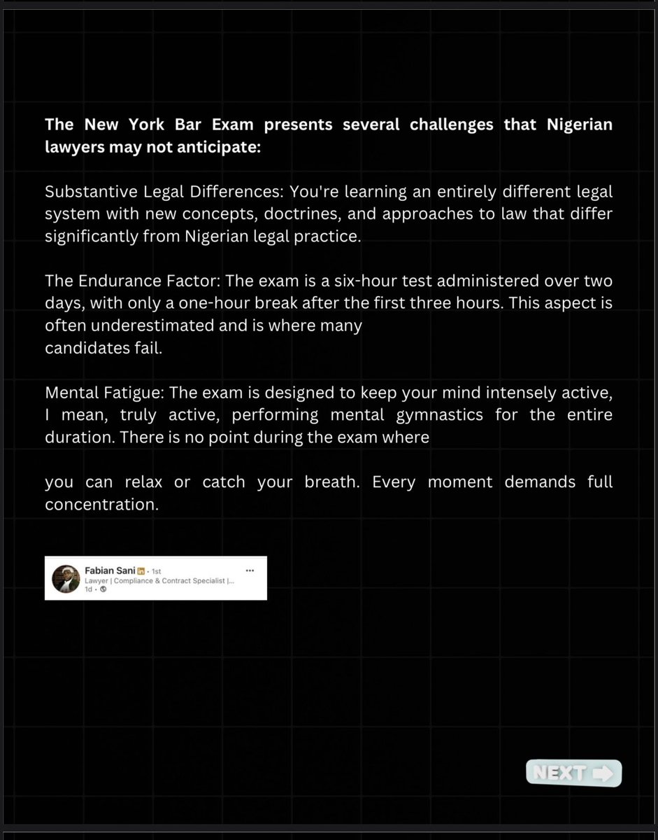 FabianSani8's tweet photo. I passed the New York Bar! 🇺🇸 

We see these posts all the time. We celebrate, we congratulate, and then we scroll on.

Recently, I facilitated  a session with Igwekamma Obiorah a lawyer who didn’t just share his success he broke down EVERYTHING. The complete roadmap to studying law and navigating the US legal system, resulting in passing the New York Bar exam.

His story was so valuable that I’ve converted it into a comprehensive PowerPoint presentation because this information needs to reach more people.

If you’re considering law school in the US, preparing for the New York Bar.

Let’s change the narrative from just celebrating success to actually sharing the path to get there.

Like, share, and repost to help aspiring lawyers find their way.