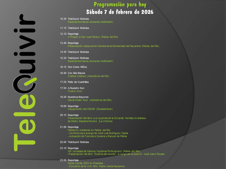 Programación para hoy 7 de febrero en TeleQuivir.
Recuerda que puedes ver la televisión de la comarca en abierto en la TDT HD, y si vives fuera de ella, online en nuestros canales de Youtube y Twitch. ¡Suscríbite!
youtube.com/@telequivir/li…
twitch.tv/telequivir