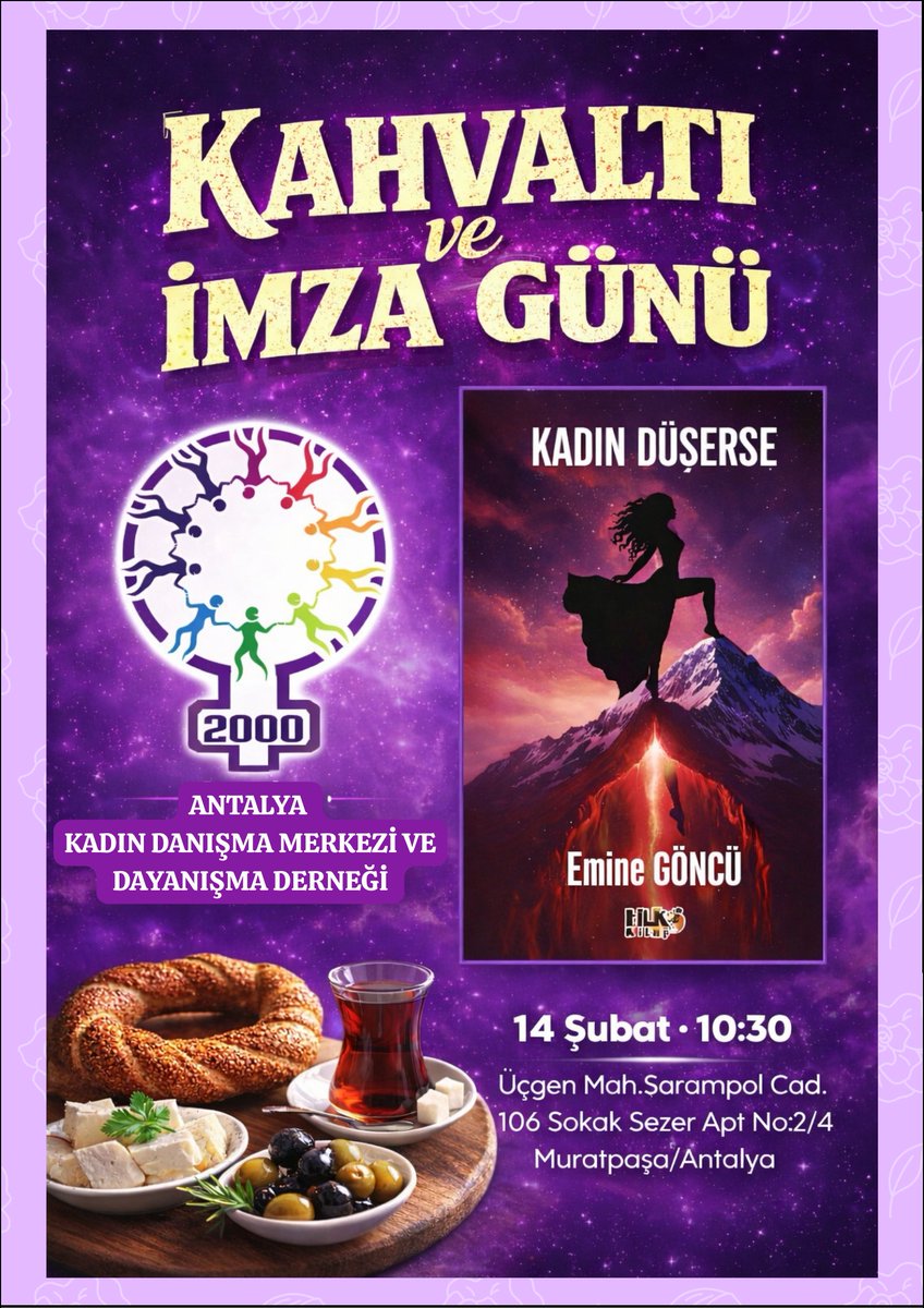 KadinDanisma's tweet image. Dayanışmanın ve mücadelenin sofrasında buluşuyoruz
14 şubat cumartesi günü saat 10.30 da Antalya Kadın Danışma Merkezi ve Dayanışma Derneği'nde Emine Göncü Anadol'un “Kadın Düşerse” kitabı etrafında; kahvaltı ve imza gününde buluşuyor, kadınların hikâyesini birlikte büyütüyoruz.