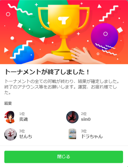 siratuki018's tweet photo. 大会終了！ 
優勝 炎魂さん
準優勝 sin0さん 
3位 ドラちゃんさん、12.01cmさん 
おめでとうございます！！ 

参加、視聴してくださった皆様も本当にありがとうございました
次のYOJINので会いましょうｗ https://t.co/T1U3OQxIdx