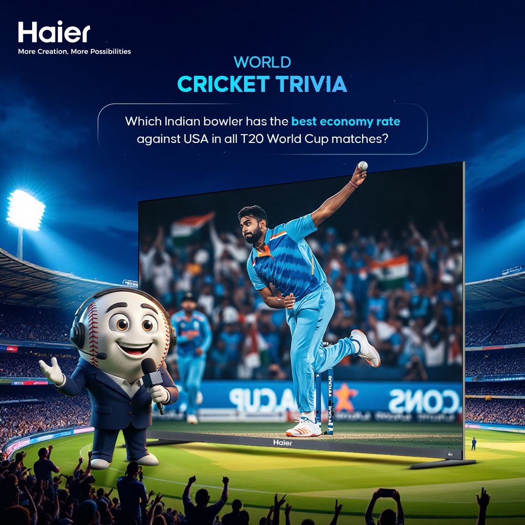 Think you know your cricket?
India vs USA—time for the cricket trivia.

Want to win big?
-Follow <a href="/IndiaHaier/">Haier India</a> 
-Drop your best guess in the comments below.
-Get it right, and you could be the next champion!

*T&amp;C Apply

#Haier #CricketWorldChampionship2026 #PlayWithTheNumberOnes