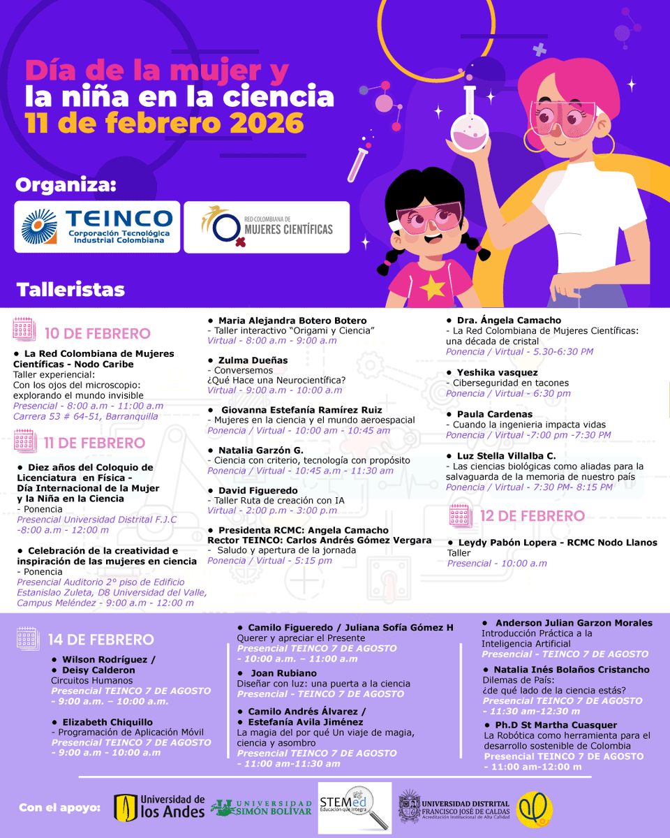 ✨ Nos unimos para inspirar, visibilizar y fortalecer la participación de mujeres y niñas en la ciencia y la tecnología 🔬👩‍🔬

📌 Consulta la programación ⬇️

#DíaDeLaMujerYLaNiñaEnLaCiencia #MujeresEnCiencia #NiñasSTEM #11Febrero