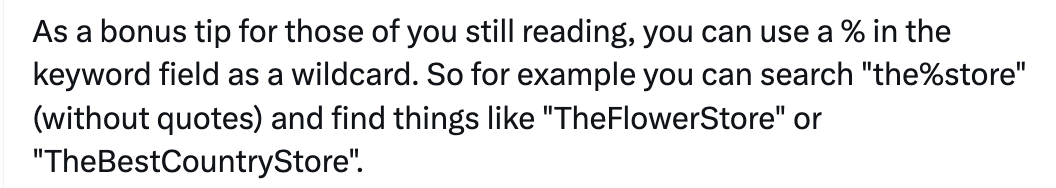 Michael <a href="/NameBio/">NameBio</a> dropped an incredibly useful tip in his post about the difference between As A Prefix and At the Start 
x.com/NameBio/status…