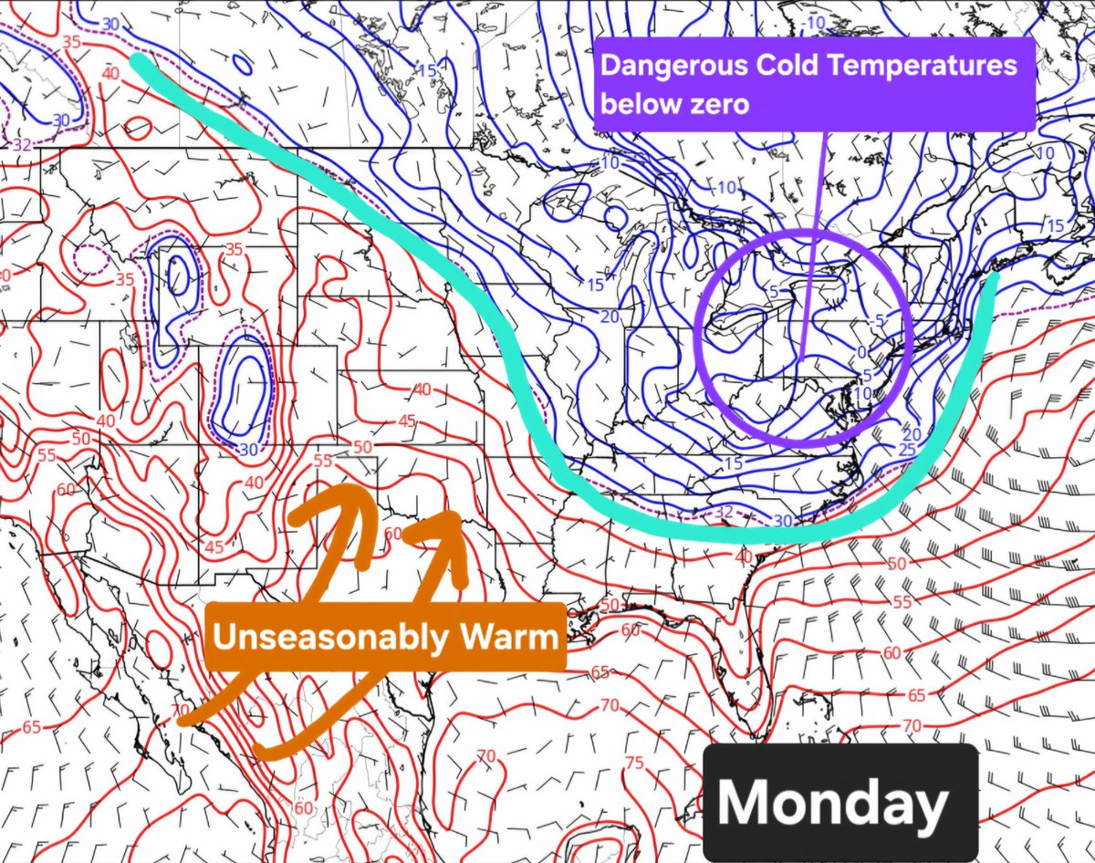 dalesamsWx's tweet image. |EURO Temperature Contours // Monday| 

The tale of two seasons will appear on Monday with unseasonable warmth across plains/southwest, arctic cold across northeast. @NWSCPC @NWSSPC @hellohannav #NOAA #WinterWx #Spring