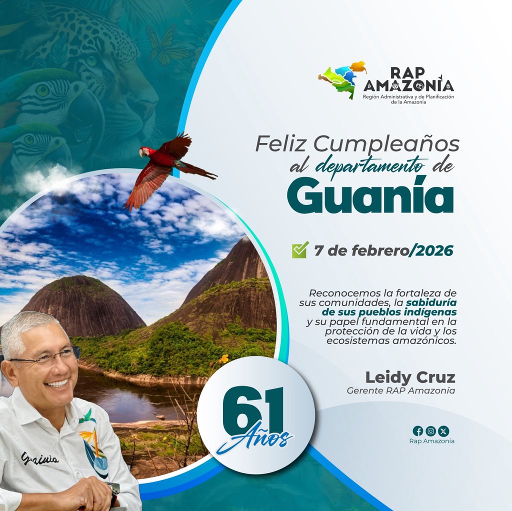 Hoy celebramos a #Guainía, territorio de selva viva, ríos ancestrales y culturas que protegen la Amazonía.

Desde la RAP Amazonía seguimos trabajando unidos por su desarrollo sostenible y el bienestar de sus comunidades. ¡Feliz aniversario, Guainía! 🌿💚

#SomosRAPAmazonía