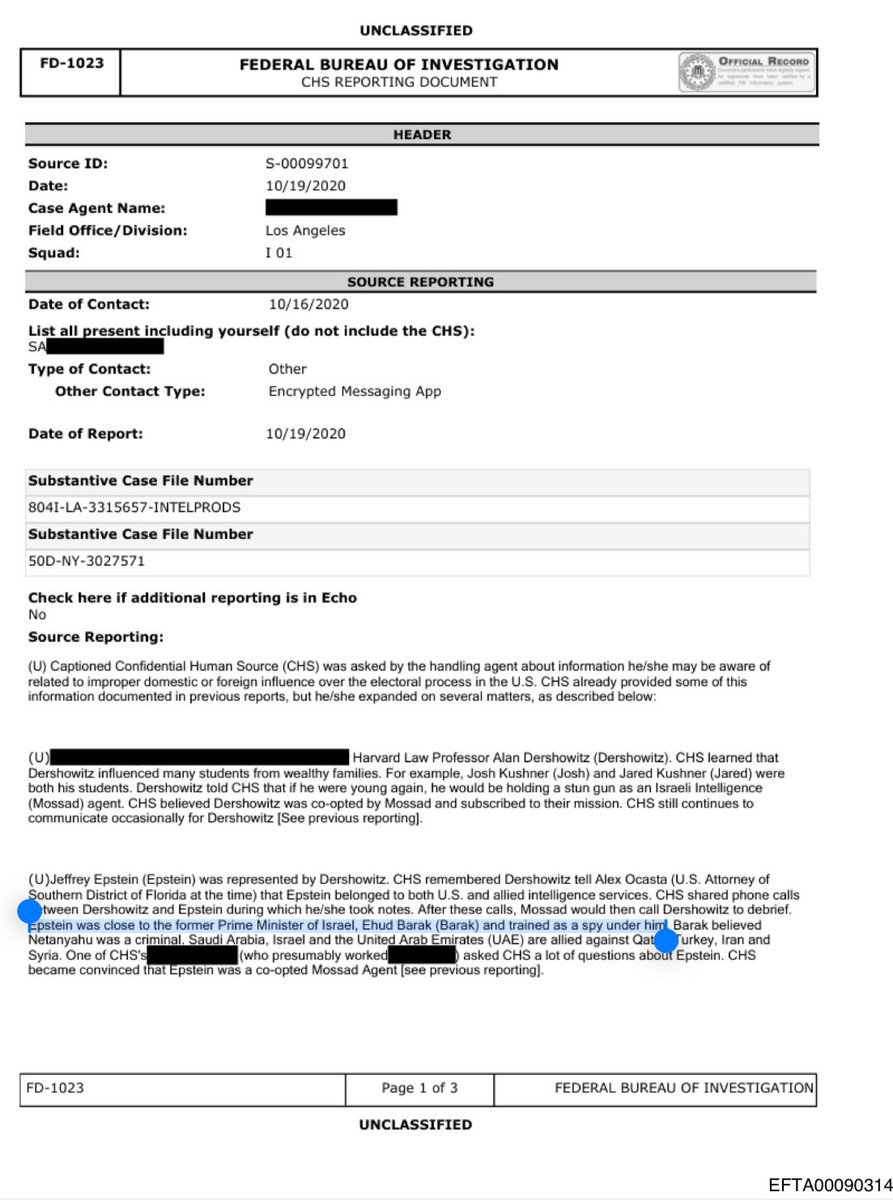 This line from an FBI report in the Epstein files about foreign influence in the US sticks out:

"Epstein was close to the former Prime Minister of Israel, Ehud Barak (Barak) and trained as a spy under him."

Hypothetically, if this FBI report said Epstein was "close" to a leader