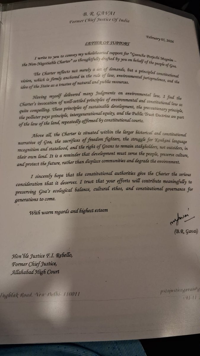 Former chief justice of Supreme Court of India B.R.Gavai offers letter of support to the Charter of Demands of enough is enough movement under the leadership of Retd. Justice Ferdino Rebello.<a href="/DrPramodPSawant/">Dr. Pramod Sawant</a> <a href="/PMOIndia/">PMO India</a> <a href="/AmitShah/">Amit Shah</a> <a href="/RahulGandhi/">Rahul Gandhi</a>