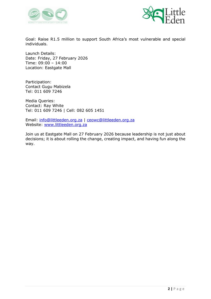 The launch of the <a href="/LITTLEEDEN1/">LITTLE EDEN Society</a> 2026 CEO Wheelchair Campaign is around the corner - Friday 27 February. We are challenging all CEO's and business leaders to sit in a wheelchair and see life from a different angle.
You are formally invited below - it takes just one phone call....