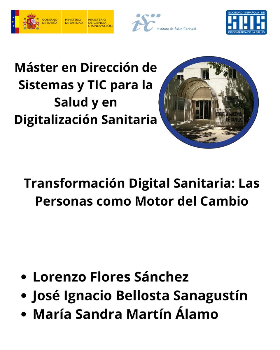 SEISeSalud's tweet photo. #SEIS #MasterTIC #MDSTICS
Máster en Dirección de Sistemas y TIC para la Salud y en Digitalización Sanitaria. Trabajo de Fin de Máster 11ª Edición:
Transformación Digital Sanitaria: Las Personas como Motor del Cambio.
Autores: Lorenzo Flores Sánchez, José Ignacio Bellosta Sanagustín y María Sandra Martín Álamo.
La transformación digital en sanidad es un proceso integral que no se limita a implantar tecnología, sino que depende de manera decisiva del factor humano y organizativo. Pese al alto nivel de digitalización alcanzado en el Sistema Nacional de Salud, no se perciben mejoras sustanciales en calidad y eficiencia debido a carencias en liderazgo, formación, gestión del cambio y cultura organizativa. A partir de la revisión de la literatura, encuestas a profesionales y el análisis de casos reales, el trabajo identifica que los principales obstáculos son de naturaleza humana y organizacional. La evidencia confirma que el éxito de la digitalización exige integrar la innovación tecnológica con el rediseño de procesos y una gestión del cambio sostenida, proponiendo metodologías y estrategias organizativas para lograr una transformación sanitaria efectiva y duradera.
El trabajo completo disponible en:https://t.co/mkFsDgEOO5