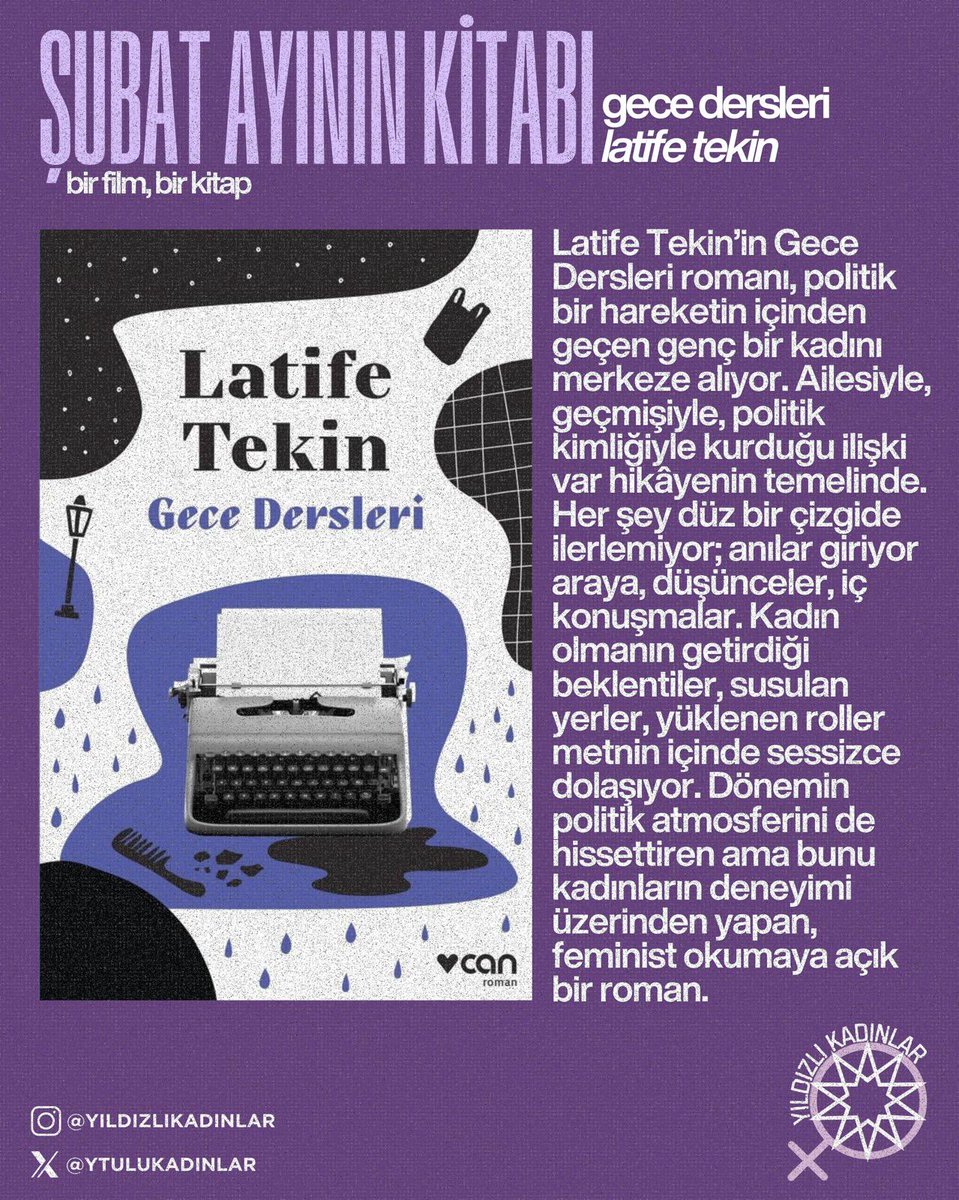 💜 Yıldızlı Kadınlardan şubat ayının önerileri: bir film, bir kitap. 
🎬 Joyland (2022)
📖 Gece Dersleri, Latife Tekin