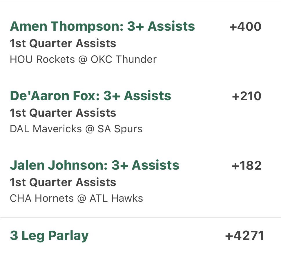 Pass the rock 1Q parlay

🪨 JJ 3+ in 5/7 (3 straight vs CHA)
🪨 Fox 2+ in 10 straight (DAL 26th vs PGs)
🪨 Amen 2+ in 7/10 (OKC banged up)