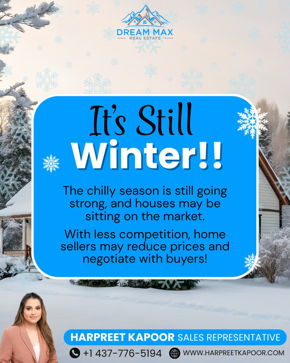 harpreetrealty's tweet image. Winter is still in full swing is actually a great opportunity.

If you're thinking of buying or selling, now might be the perfect time.

Get in touch today.

📞 Contact us today.

☎| +1 437-776-5194
🌐| harpreetkapoor.com

#winterrealestate #markettrends #negotiationtime