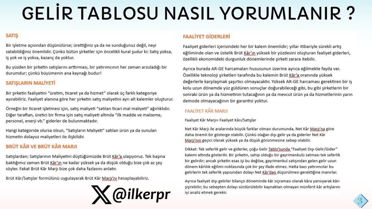 ilkerPR's tweet photo. FİNANSAL TABLOLAR EĞİTİM ÇALIŞMASI 📊 

GELİR TABLOSU NEDİR ❓NASIL YORUMLANIR ❓

Gelir tablosu, bir şirketin satış performansı ve mali durumunu anlamak için kritik bir araçtır. 

Bu tablo, gelirlerin, giderlerin ve net kârın detaylarını sunarak şirketin kârlılığını ve mali sağlığını değerlendirir. 

Ayrıca, maliyet yapısını incelememizi sağlar ve kârın kalitesini sorgulamamıza yardımcı olur. 

Önemli bir not olarak, kârın varlığı değil, kârın kalitesi şirketin gelecekteki sürdürülebilirliği açısından daha önemlidir. 

📈3 bölümden oluşur ☘️

1⃣ Satışlar
2⃣ Maliyetler ve Giderler
3⃣ Gerçekleşen Kâr ya da Zarar Hesaplaması

📊Gelir tablosu; dönemseldir ve tahakkuk esasına dayalıdır. Yani satış faturasının düzenlenmesi itibariyle tahakkuk süreci başlar ve tabloya sonuçlar yansır, ilgili satışın tahsilat sürecinden bağımsızdır.

Kişisel hayatımıza uyarlayacak olursak;

📍Farklı bir şehirden bir araç satın aldık ve bir süre sonra bu aracı sattık, bu ticari faaliyetin sonucunda ortaya çıkan kar ya da zarar durumunu hesaplarken sadece satın alma ve satış fiyatına bakamayız. 

📍İlk satın almada farklı şehire yaptığımız seyahat giderlerinden tutun da, aracı kullandığımız sürece katlandığımız bütün masraflar (bakım, lastik değişimi, MTV vb.) kar/zarar hesaplamasının bir parçası olacaktır.‼️

Detaylar EK'te 👇👇👇

Bu paylaşımı ve EK'te bulunan eğitim notlarını faydalı bulduysanız lütfen RT 🔁 edin.

#Bist100 #Borsa #Sanayi #Endeks #Sektör #Finansalokuryazarlık