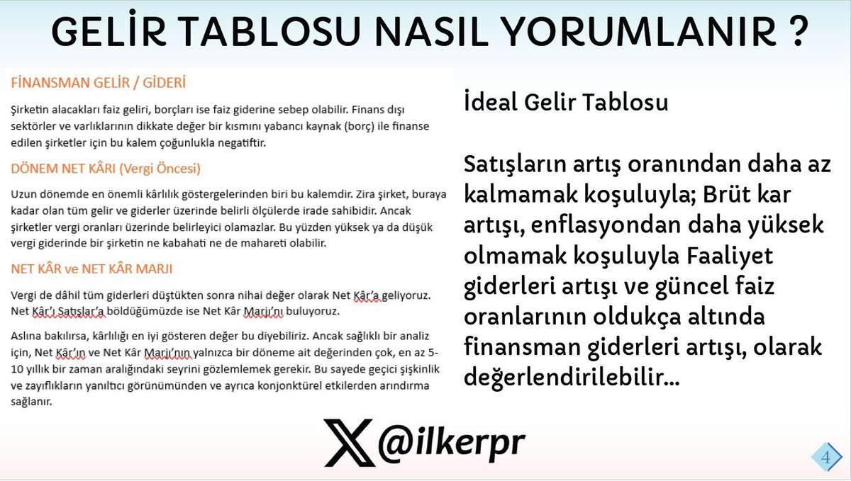 ilkerPR's tweet photo. FİNANSAL TABLOLAR EĞİTİM ÇALIŞMASI 📊 

GELİR TABLOSU NEDİR ❓NASIL YORUMLANIR ❓

Gelir tablosu, bir şirketin satış performansı ve mali durumunu anlamak için kritik bir araçtır. 

Bu tablo, gelirlerin, giderlerin ve net kârın detaylarını sunarak şirketin kârlılığını ve mali sağlığını değerlendirir. 

Ayrıca, maliyet yapısını incelememizi sağlar ve kârın kalitesini sorgulamamıza yardımcı olur. 

Önemli bir not olarak, kârın varlığı değil, kârın kalitesi şirketin gelecekteki sürdürülebilirliği açısından daha önemlidir. 

📈3 bölümden oluşur ☘️

1⃣ Satışlar
2⃣ Maliyetler ve Giderler
3⃣ Gerçekleşen Kâr ya da Zarar Hesaplaması

📊Gelir tablosu; dönemseldir ve tahakkuk esasına dayalıdır. Yani satış faturasının düzenlenmesi itibariyle tahakkuk süreci başlar ve tabloya sonuçlar yansır, ilgili satışın tahsilat sürecinden bağımsızdır.

Kişisel hayatımıza uyarlayacak olursak;

📍Farklı bir şehirden bir araç satın aldık ve bir süre sonra bu aracı sattık, bu ticari faaliyetin sonucunda ortaya çıkan kar ya da zarar durumunu hesaplarken sadece satın alma ve satış fiyatına bakamayız. 

📍İlk satın almada farklı şehire yaptığımız seyahat giderlerinden tutun da, aracı kullandığımız sürece katlandığımız bütün masraflar (bakım, lastik değişimi, MTV vb.) kar/zarar hesaplamasının bir parçası olacaktır.‼️

Detaylar EK'te 👇👇👇

Bu paylaşımı ve EK'te bulunan eğitim notlarını faydalı bulduysanız lütfen RT 🔁 edin.

#Bist100 #Borsa #Sanayi #Endeks #Sektör #Finansalokuryazarlık